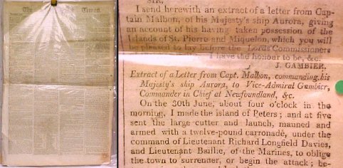 Copy of a Letter from Vice-Admiral Gambier, Commander in Chief of his Majesty's Ships and Vessels at Newfoundland, to Sir Evan Nepean, Bart., dated onboard the Isis, at St.John's, the 20th Aug. 1803". An article in The Times , No.5846