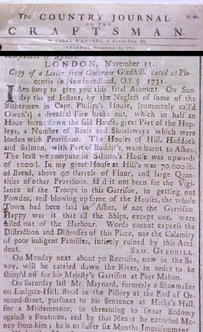 Copy of a Letter from Governor Gledhill. l, dated at Placentia in Newfoundland, Oct.5, 1731.". In The Country Journal: or, the Craftsman, No.280, Saturday, November 13, 1731.