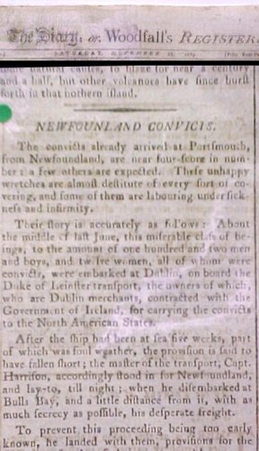 Newfoundland Convicts : An article in The Diary; or, Woodfall's Register, No.210, Saturday, November 28, 1789