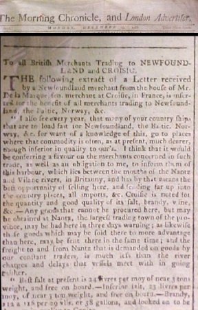 To all British Merchants Trading to Newfoundland and Croisic : Advertisement article in The Morning Chronicle, and London Advertiser, No.6116, Monday,December 15, 1788