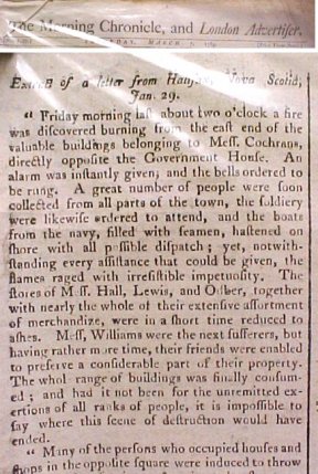 Extract of a Letter from Halifax, Nova Scotia, Jan.29 ; Letter in The Morning Chronicle, and London Advertiser, No.6187, Saturday, March 7, 1789.