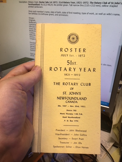 Roster July 1st 1972. 51st Rotary Year, 1921-1972. The Rotary Club of St.John's, Newfoundland.