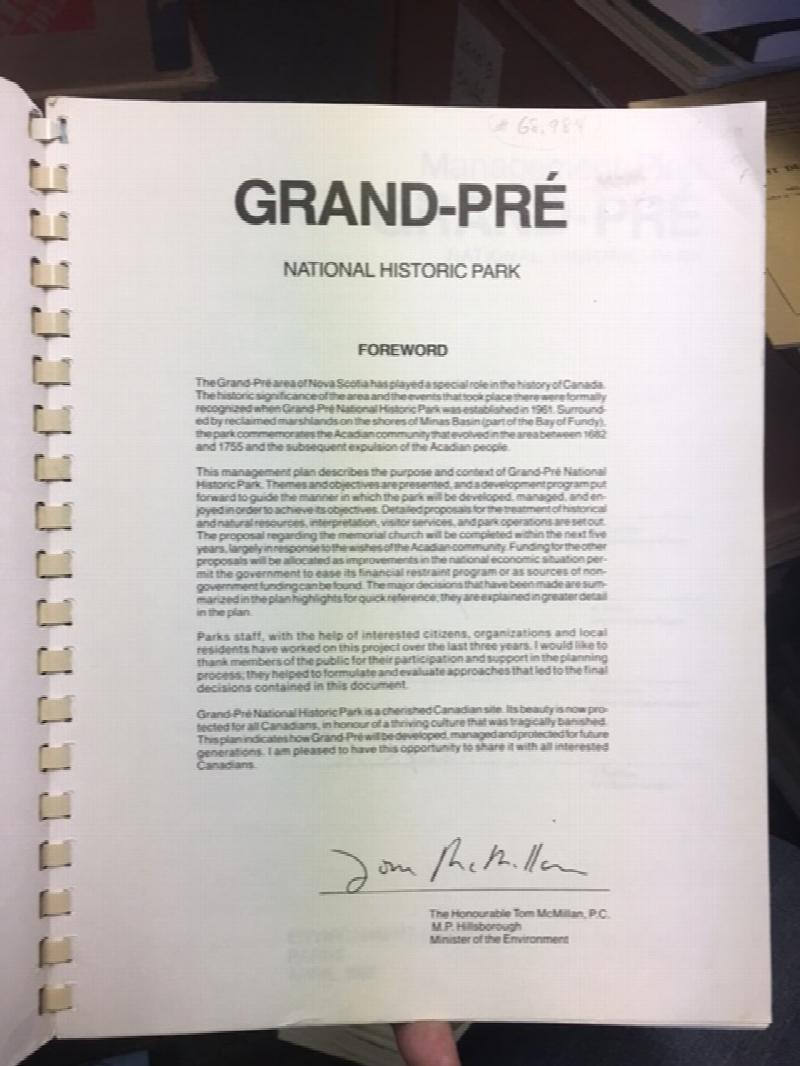 Management Plan : Grand Pre National Historic Park / Plan de Gestion, Parc Historique National de Grand-Pr. First Edition